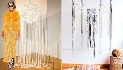 1. Modernizar el macramé: más allá de las macetas
Desde Portland, Emily Katz, con su firma Modern Macramé (a la derecha) se ha convertido en la gurú de este revival. El movimiento va desde España –Ranran Design– a Australia –Smalltown–. Con su línea más artística en propuestas como las de Sally England (a la izquierda) o Tanya Aguiñiga. El diseño sueco se deja llevar por el influjo del nudo como en el banco de Daniel Hedner para Imaginary Office.