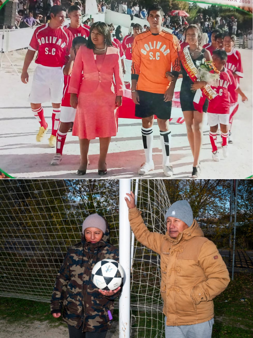 Arriba, Mercedes Quinatoa, en el año 2010 como presidenta de su primer club de fútbol barrial, el Bolívar S. C, durante la entrega del trofeo de campeón en la Liga Amistad disputada en Carabanchel. Abajo, ahora en el campo de fútbol de Alcorcón donde quiere ser enterrada 