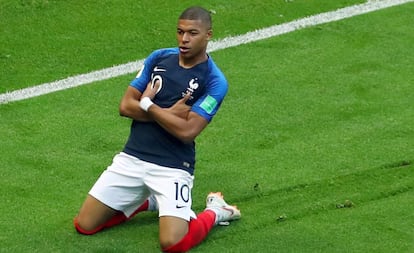 Mbappé celebra un gol durante el Francia-Argentina del Mundial de Rusia.