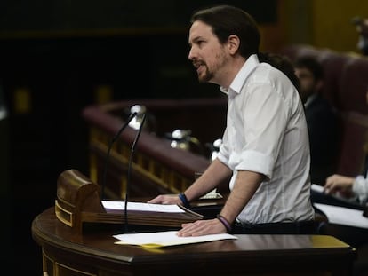 Pablo Iglesias durant la seva intervenció al Congrés, aquest dimecres.