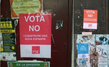 Carteles de la campaña falsa que llama a votar 'no' en nombre del PSC, el PP y Ciudadanos.