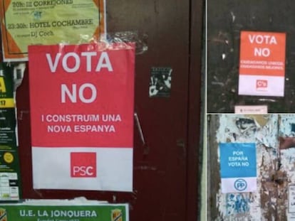 Carteles de la campaña falsa que llama a votar 'no' en nombre del PSC, el PP y Ciudadanos.