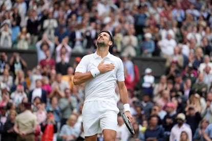 Serbia's Novak Djokovic celebrates after beating Russia's Andrey Rublev to win their men's singles match on day nine of the Wimbledon tennis championships in London, Tuesday, July 11, 2023.