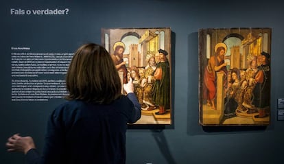 'Predicació de Sant Joan Baptista', de Pere Mates, la taula original i la falsa, juntes a l'exposició de Girona.