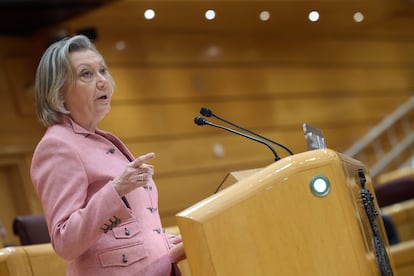 La senadora del PP, Luisa Fernanda Rudi, durante el pleno del Senado este miércoles, en el que defendió la moción de su partido para reivindicar la Transición y el papel de Juan Carlos I.