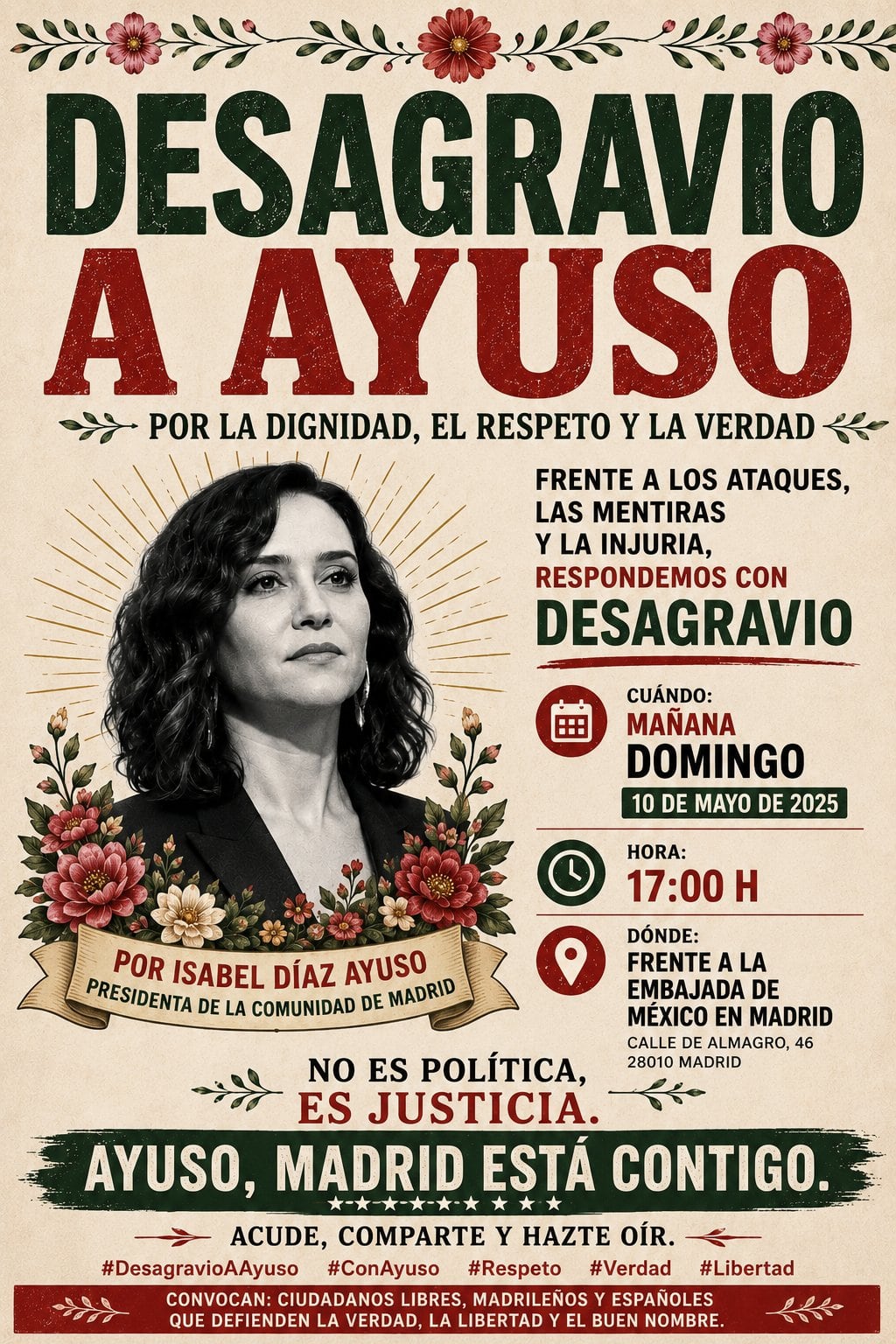 Poster calling for redress for Isabel Díaz Ayuso this Sunday in Madrid.