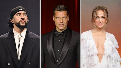 De izquierda a derecha, los artistas Bad Bunny, Ricky Martin y Jennifer Lopez.