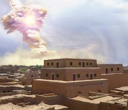 Recreación artística de la supuesta destrucción de Tall el-Hammam Jordania