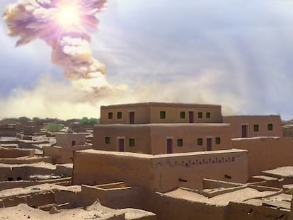 Recreación artística de la supuesta destrucción de Tall el-Hammam Jordania