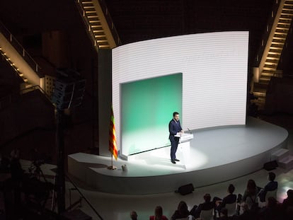 El president Pere Aragonès en un momento de la conferencia del pasado lunes. / JOAN SÁNCHEZ