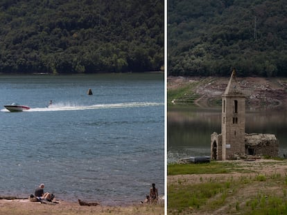 A la izquierda el Pantano de Sau en 2020 con la punta del campanario que asoma sobre el agua. A la derecha, el embalse el pasado junio.