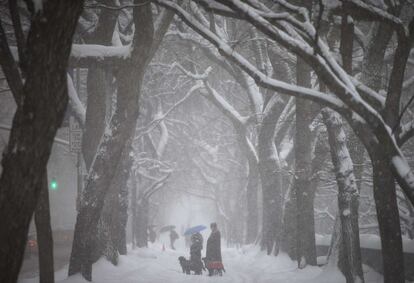 La Quinta Avenida junto a Central Park cubierta de nieve, Nueva York (EE UU). Al menos diez muertos, principalmente en accidentes de tráfico, y más de 5.000 vuelos cancelados ha dejado a su paso por la costa este de Estados Unidos la tormenta invernal "Pax", que con intensas nevadas mantiene hoy casi paralizada la capital, Washington.