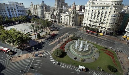 La plaza del Ayuntamiento de Valencia, libre de tr&aacute;fico por el d&iacute;a sin coches del pasado septiembre. 