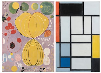 'Adultez' (1907), de Hilma af Klint, y 'Composición con rojo, negro, amarillo, azul y gris' (1921), de Piet Mondrian.