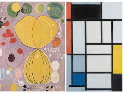 'Adultez' (1907), de Hilma af Klint, y 'Composición con rojo, negro, amarillo, azul y gris' (1921), de Piet Mondrian.