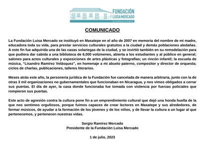 Comunicado sobre la toma de la sede de la fundación Luisa Mercado.