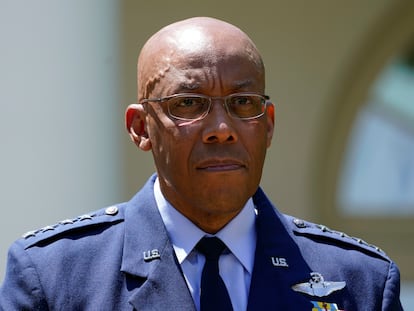 Gen. CQ Brown, Jr., listens as President Joe Biden speaks in the Rose Garden of the White House in Washington, on May 25, 2023.