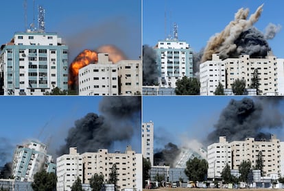 Torre sede de AP y Al Jazeera, derribada por los aviones israelíes.