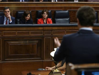 Intervención de Pablo Casado en el Congreso ante Pedro Sánchez, la vicepresidenta del Gobierno, Carmen Calvo, y la ministra de Justicia, Dolores Delgado.