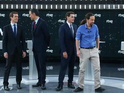 From l-r: Pablo Casado, Pedro Sánchez, Albert Rivera and Pablo Iglesias before the debate.