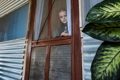Henrique Loewen's daughter looks out the door of her house in San Miguel Gruenwald — a community of 23 farming and ranching families without running water, plumbing and electricity — intrigued by the photographer’s presence. 