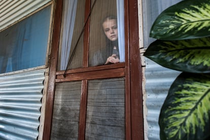 La hija de Henrique Loewen se asoma por la puerta de su casa en San Miguel Gruenwald —colonia de 23 familias de agricultores y ganaderos, sin agua corriente, alcantarillado ni electricidad—, intrigada por la presencia del fotógrafo.