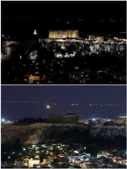 Combinación de imágenes que muestra una vista del antiguo templo del Partenón en lo alto de la colina de la Acrópolis antes y durante la Hora del Planeta en Atenas, Grecia.