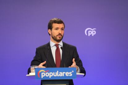 El líder del PP, Pablo Casado, en la sede del partido el pasado 9 de marzo.