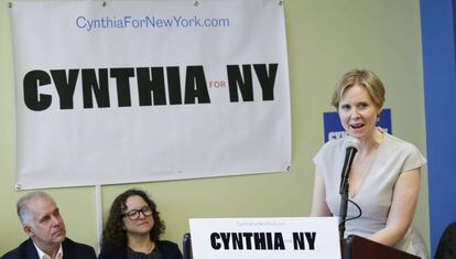 Cynthia Nixon en un acto de campaña, el 20 de abril de 2018 en Nueva York