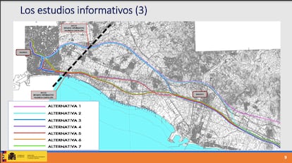 Las siete alternativas de trazado de la línea de alta velocidad entre Valencia y Castellón a su paso por la huerta norte valenciana. La alternativa 3 (en color azul oscuro) es la más benigna con la huerta. Y la 5 (en color rojo) la mejor valorada globalmente por los estudios informativos del Ministerio de Transportes,