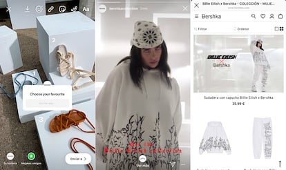 A la izda., un ejemplo de cómo Mango utilizará Stories para consultar decisiones de su colección primavera-verano 2020. En el centro uno de los Stories que daban acceso a la preventa exclusiva de la cápsula de Billie Eilish para Bershka (a la dcha.).