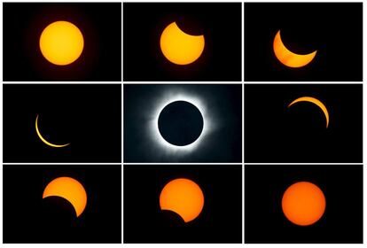 Imatges de les diferents fases de l'eclipsi solar, preses des de la platja de l'illa de Ternate, a Indonèsia.