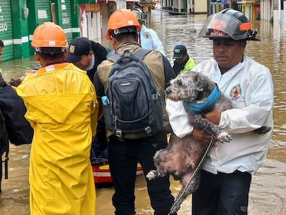 Rescatistas evacúan el 10 de octubre a personas de un poblado de Guatemala afectado por el huracán 'Julia'.