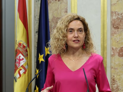 La presidenta del Congreso, Meritxell Batet, en su declaración institucional de este lunes.