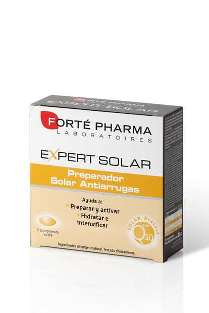 El complemento alimenticio Expert Solar de Forté Pharma ha sido concebido para cuidar desde el interior de todos los aspectos que aseguran un buen bronceado... ¡y saludable! Prepara la piel para la exposición estimulando las defensas, evita las arrugas, disminuye la sensibilidad, hidrata desde el interior y frena la acción de los radicales libres. El envase con 28 cápsulas cuesta unos 18 euros.