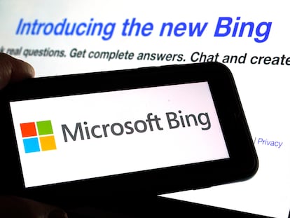 The Microsoft Bing logo and the website's page are shown in this photo taken in New York on Tuesday, February 7, 2023.