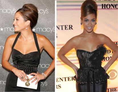 En la imagen, JLo durante un evento de los grandes almacenes Macy's en septiembre de 2005. Tres años depués Beyoncé con un estilo muy similar en vestido y peinado, en un evento en el Centro Kennedy.