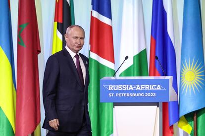 Russian President Vladimir Putin walks during a briefing for media at the final day of the Russia-Africa summit in Saint Petersburg, Russia, on July 28, 2023.