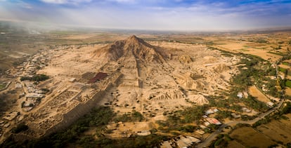 Aerial view of the archaeological complex of Tucume, considered the last capital of the Lambayeque Kingdom.