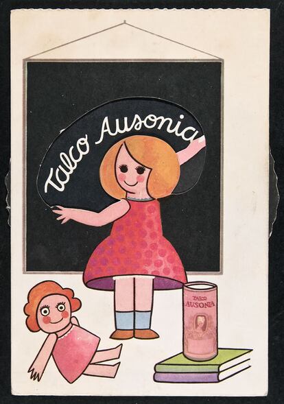 El Talco Ausonia es un producto destinado principalmente al público infantil. El mecanismo de su tarjeta permite escribir y borrar la marca girando la rueda dentada. Este tipo de tarjetas se convertía en un juego que hacía las delicias de los más pequeños. <i>Tarjeta comercial / Reproducción fotomecánica (Barcelona, Ausonia).</i>