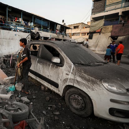 A damaged vehicle is seen at a U.N.-run school sheltering displaced people, following an Israeli strike, amid Israel-Hamas conflict, in Gaza City, July 18, 2024. REUTERS/Dawoud Abu Alkas