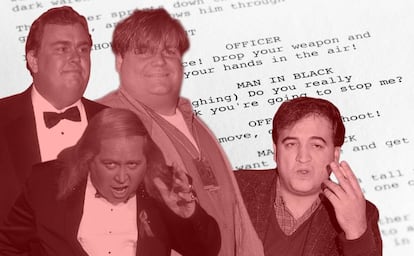 John Candy, Sam Kinison, Chris Farley y John Belushi, los cuatro actores que en algún momento estuvieron relacionados con 'El incomparable Atuk' y fallecieron.