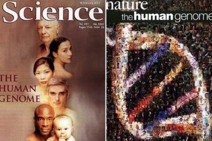 Portadas de los números de las revistas <i>Science</i> y <i>Nature</i> en los que se publicaron los borradores del genoma humano.