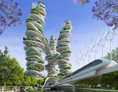 <p>En esta línea destaca <a href="http://vincent.callebaut.org/object/150105_parissmartcity2050/parissmartcity2050/projects">París Smart 2050</a>, un proyecto presentado por el arquitecto belga Vincent Callebaut al Ayuntamiento de París y que ha despertado un gran interés internacional. En él se muestra cómo podría ser la capital francesa en 30 años integrando edificios ecológicos en el núcleo urbano y reduciendo así la emisión de gases de efecto invernadero. En su proyecto ha diseñado, entre otras construcciones, varias granjas verticales, que mezclan viviendas con huertos cultivados (con la posibilidad de que sean los propios inquilinos quienes emprendan una actividad agrícola) y se alimentan de biomasa (materia orgánica) y energía solar. No es su único diseño de estas características. Destaca la torre <a href="http://vincent.callebaut.org/object/110130_taipei/taipei/projects">Tao Zhu Yin Yuan</a>, en Taipei (Taiwan) que ya está en proceso de construcción. "Su fachada será cubierta con más de 20.000 arbustos y árboles capaces de absorber 130 toneladas de dióxido de carbono al año", detalla. </p>