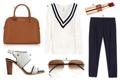 1. Michael Kors Tote de piel. 2. Pull & Bear Jersey bicolor oversize. 3. Yves Saint Laurent Barra de labios 'Belle de Jour Rouge Volupté Shine'. 4. Lacoste Pantalón con pinzas. 5. Tommy Hilfiger Sandalia de piel perforada con tacón de madera. 6. Cutler and Gross Gafas de sol de metal con detalles de piel.