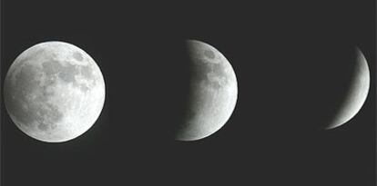 Tres fases del eclipse de Luna de esta madrugada.