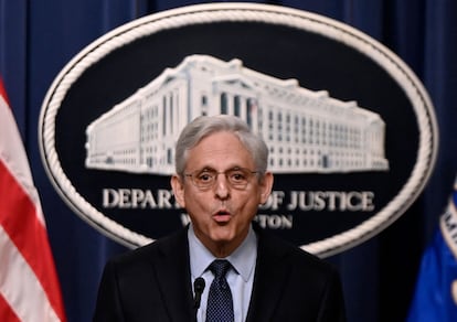 El fiscal general de Estados Unidos, Merrick Garland, durante su comparecencia este jueves, en el Departamento de Justicia.