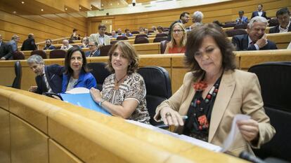 La vicepresidenta del Gobierno, Carmen Calvo, la ministra de Justicia, Dolores Delgado, la de Defensa, Margarita Robles y el ministro de Interior, Fernando Grande-Marlaska.
