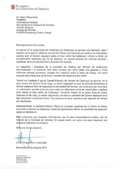 Carta de Puigdemont a la Comisión de Venecia.