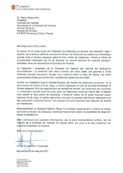 Carta de Puigdemont a la Comisión de Venecia.